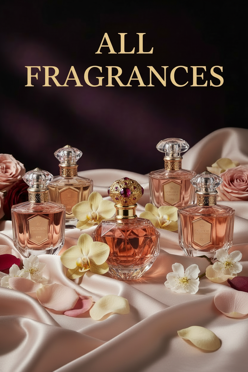 All Fragrances collection - luxury fragrance bottles on silk with florals